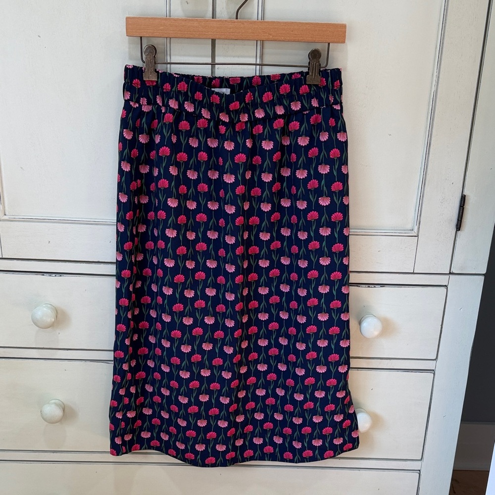 J. Crew Navy Midi Skirt with Pink Floral Motif